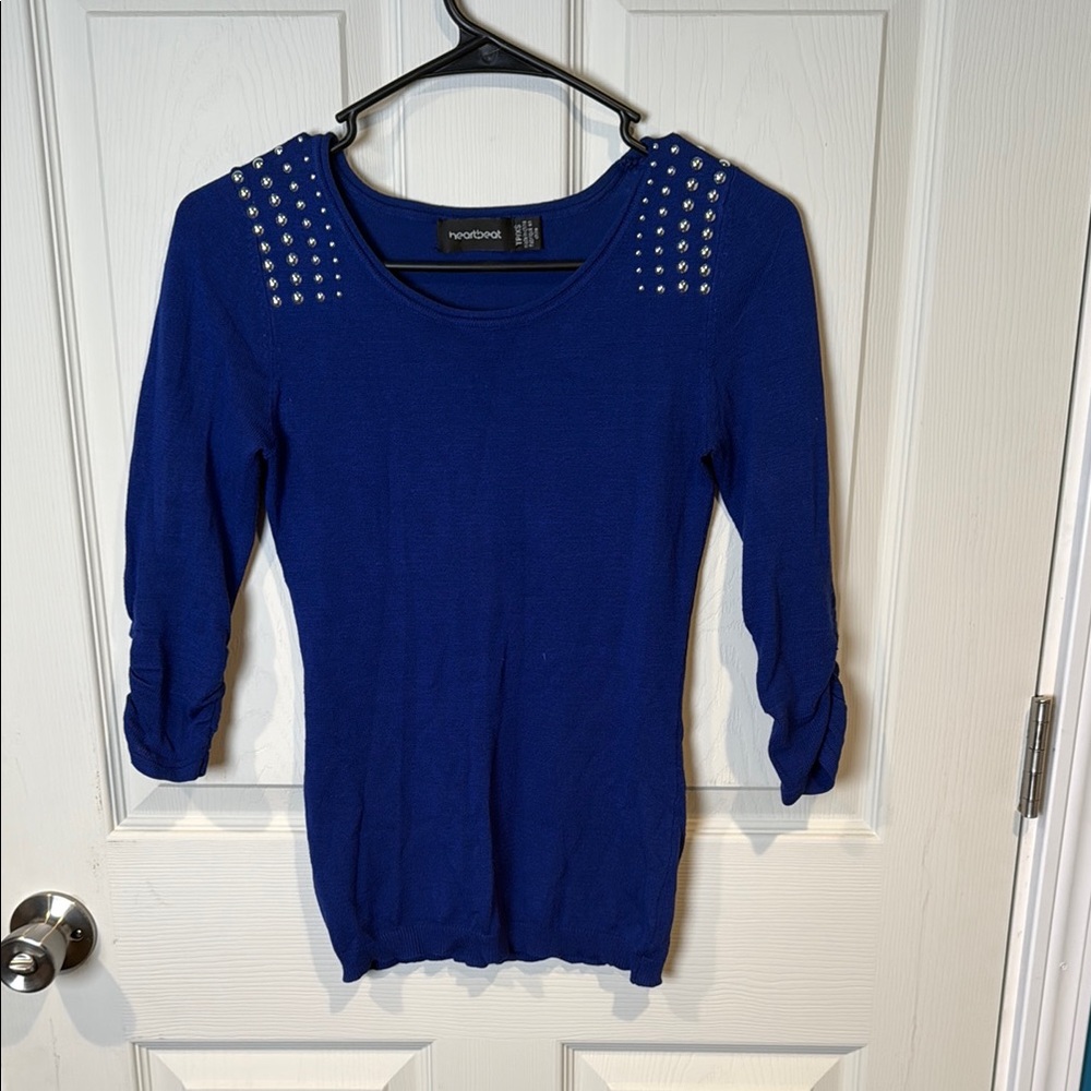 HeartBeat Blue Fitted Blouse with Silver Embellishments